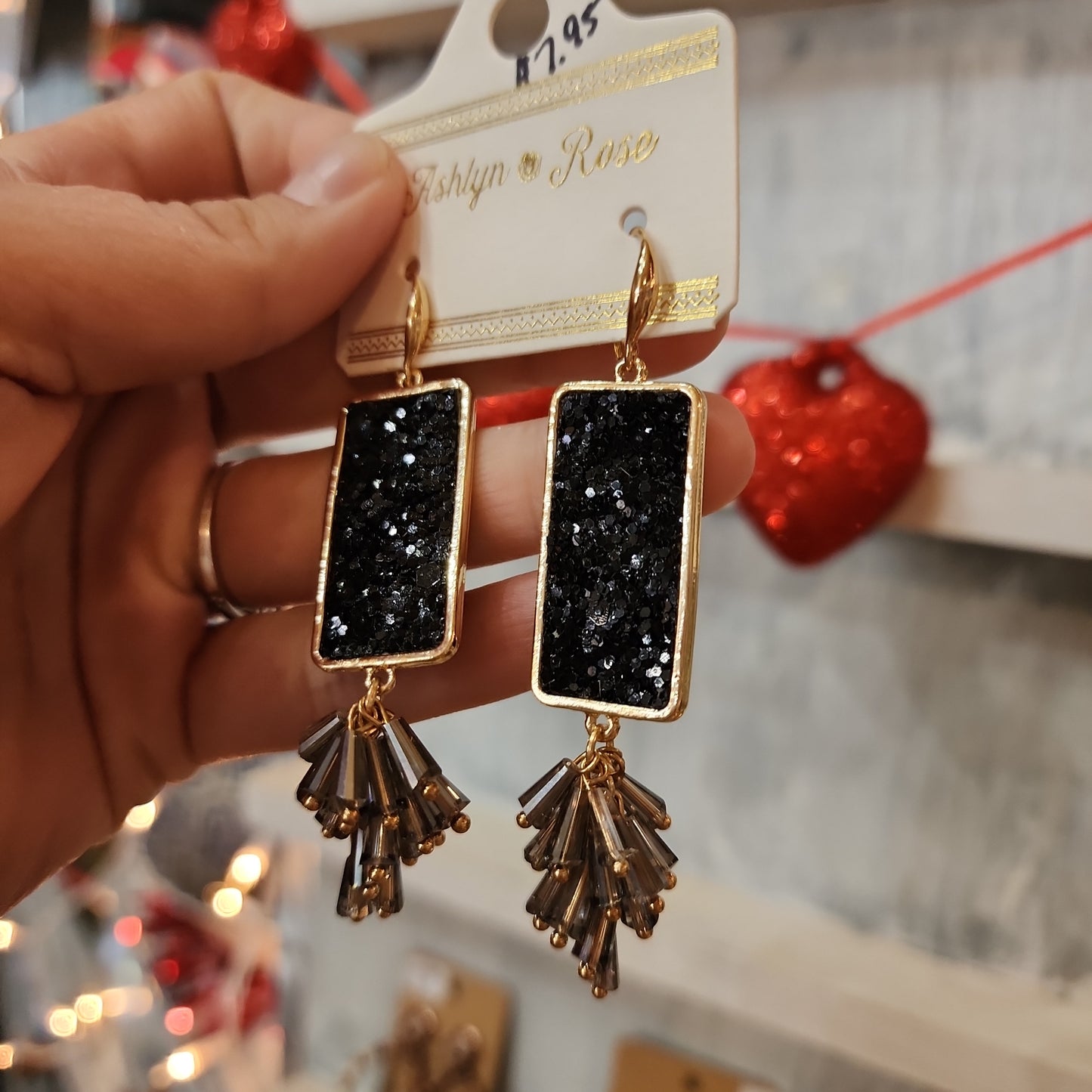 CRUSHING ON YOU BLACK CRYSTAL RECTANGLE DANGLE EARRINGS