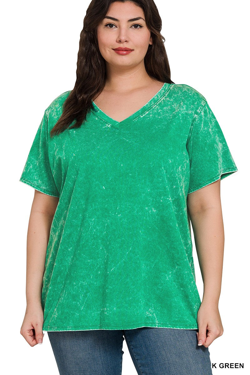 Plus Washed Short Sleeve V-neck Top