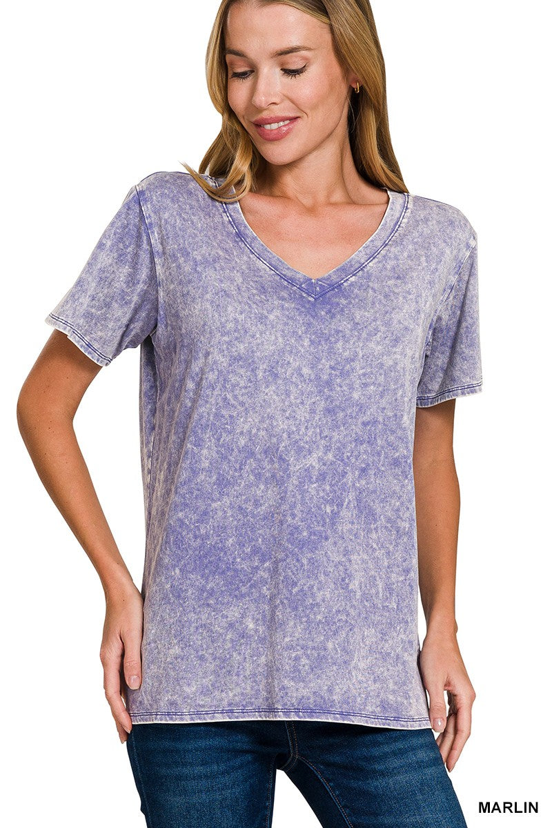 Washed Short Sleeve V-neck Top