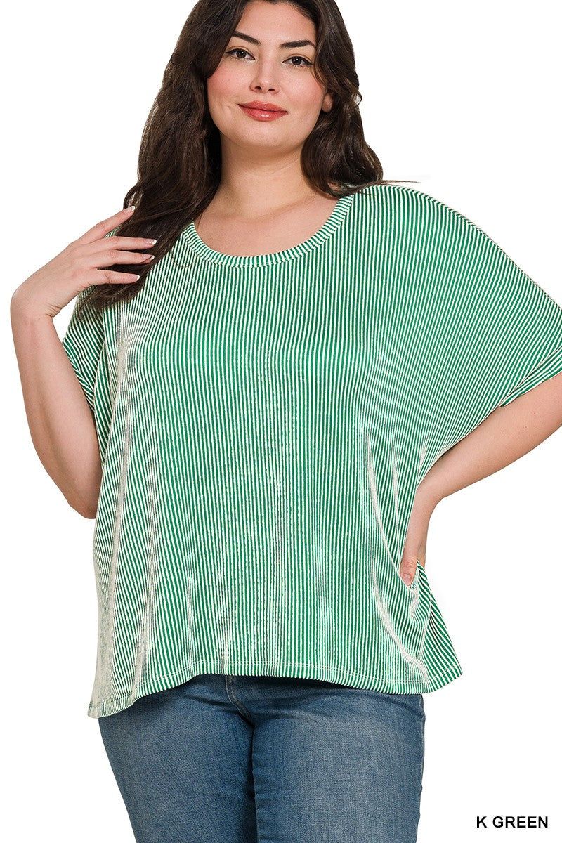 Plus Ribbed Striped Oversized Short Sleeve Top
