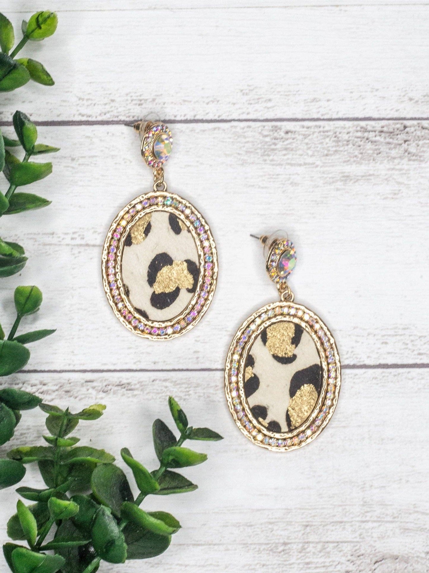 Cowboy Killer Oval Crystal Gold Leopard Earrings
