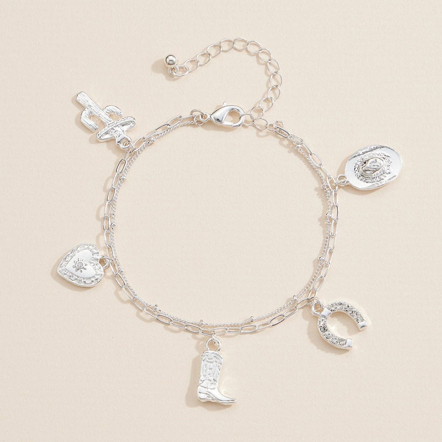 Silver Western Charm Bracelet with Cowboy Motifs