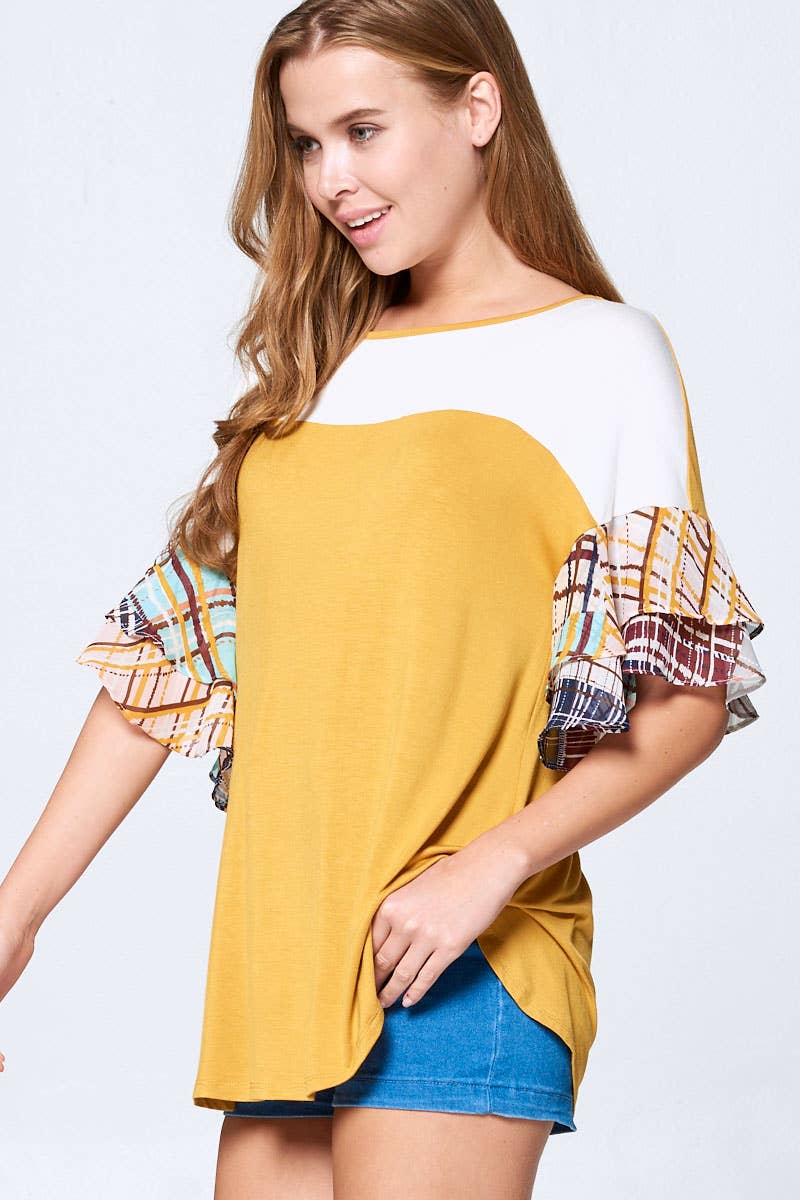Color Block Jersey Tunic Top with Chiffon Sleeves