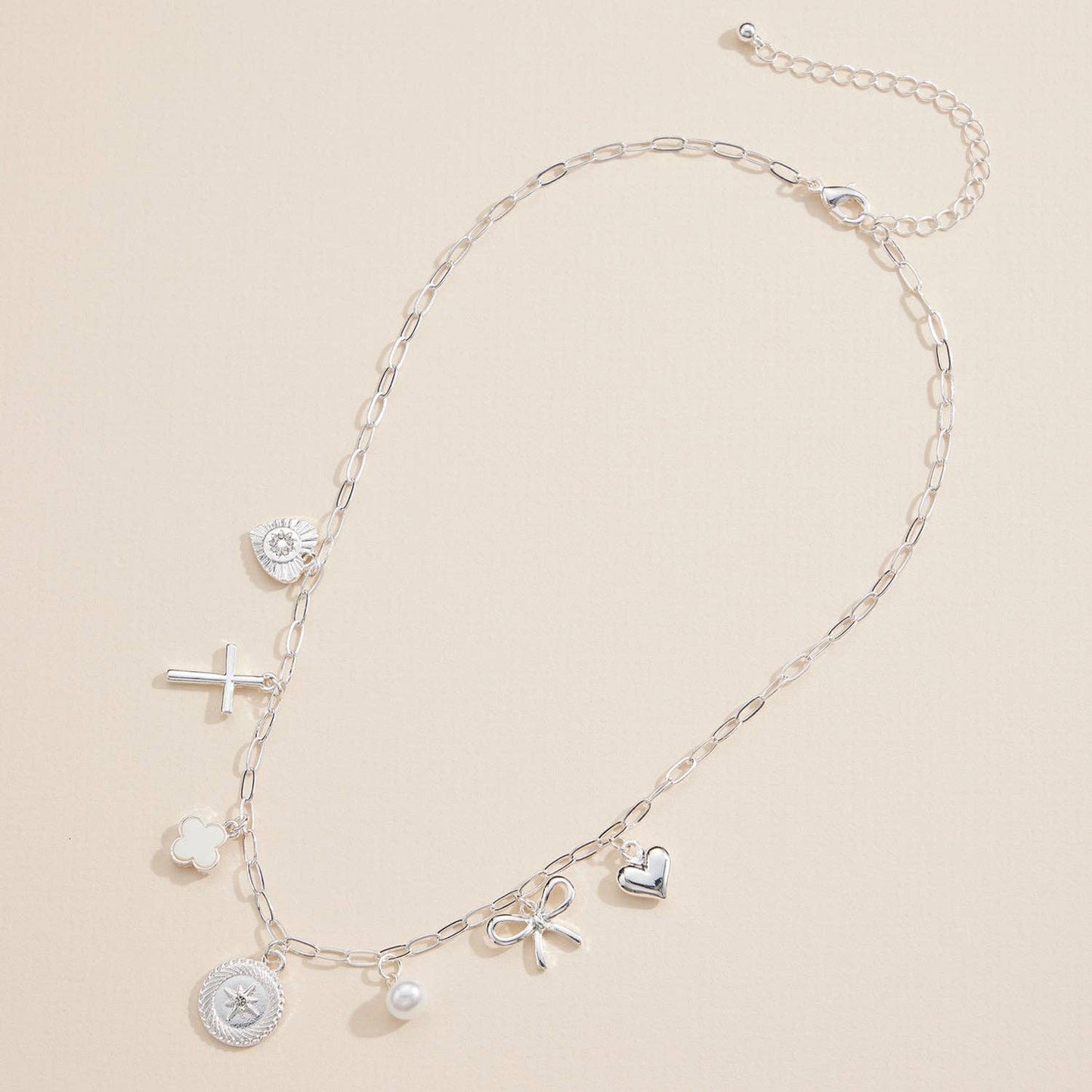 Charm Necklace with Heart, Cross, Compass & Bow Pendants