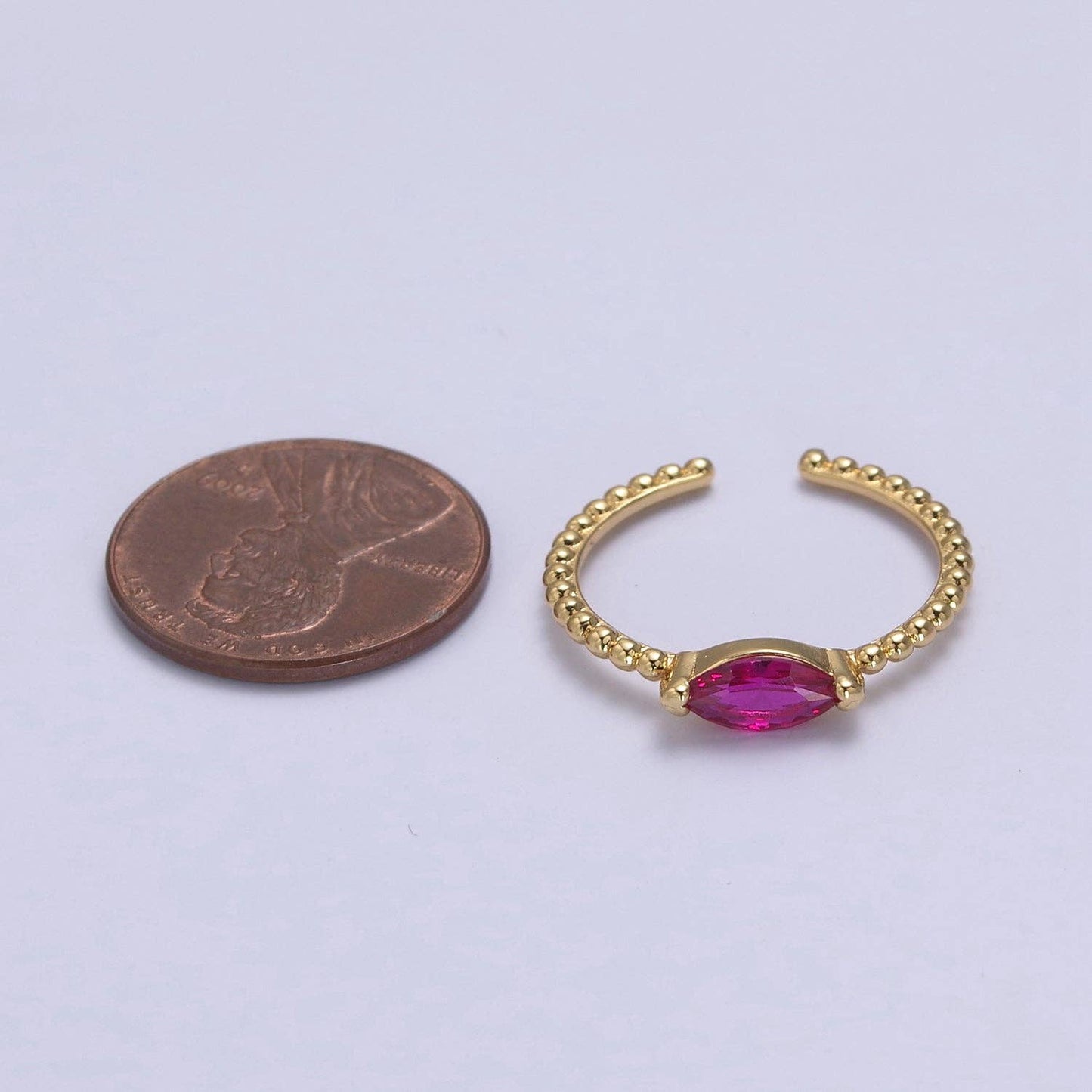 24K Gold Filled Fuchsia Pink Sharp Oval Marquise Crystal Cubic Zirconia CZ on Beaded Gold Promise Ring S-365