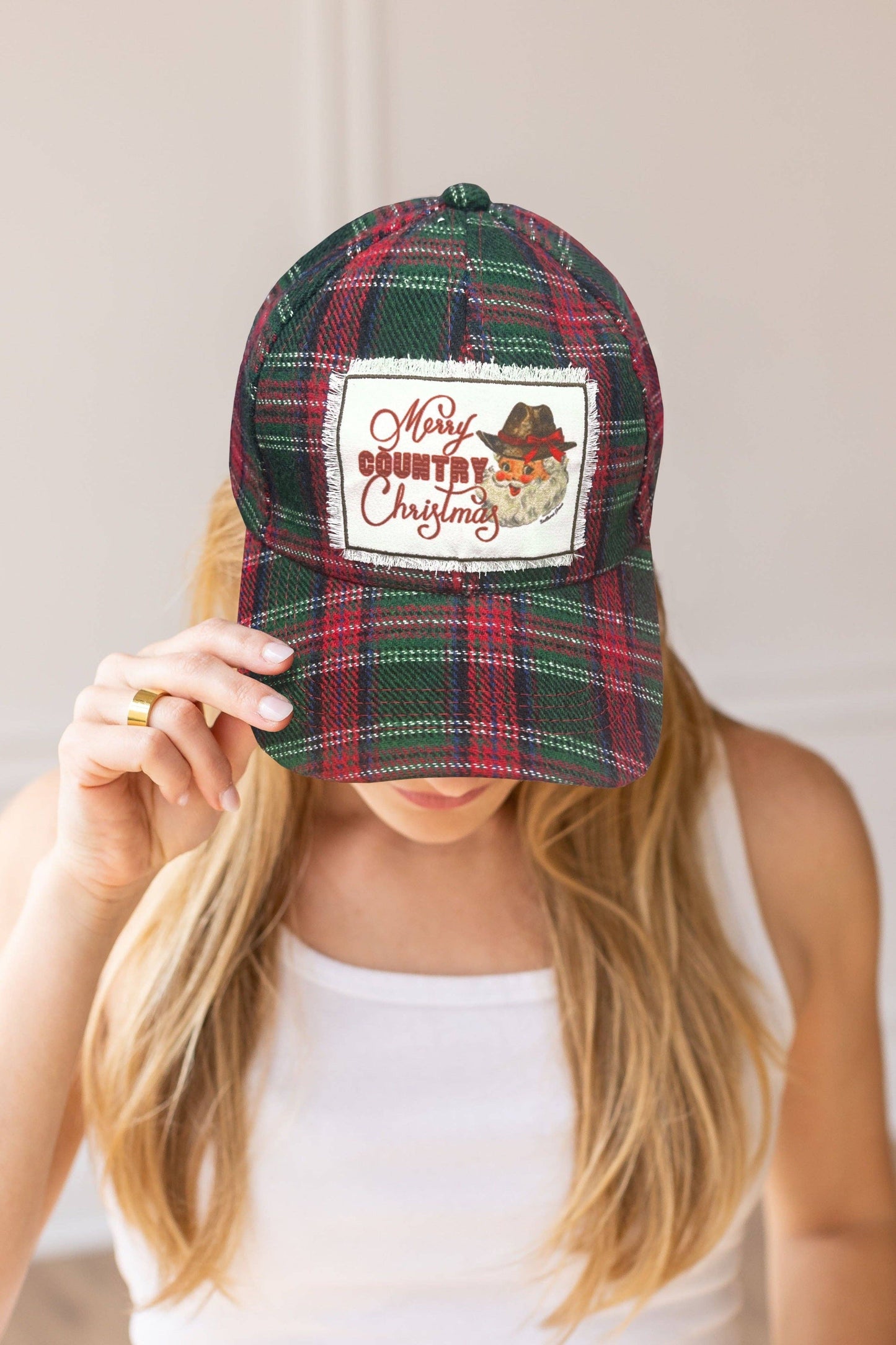 Merry Country Christmas Patch on Green Christmas Plaid Hat Blank