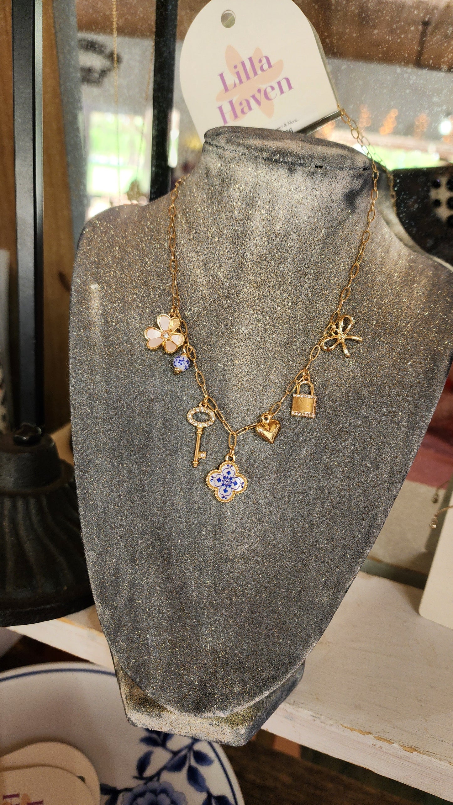 Gold Charm Necklace with Key, Heart & Floral Accents