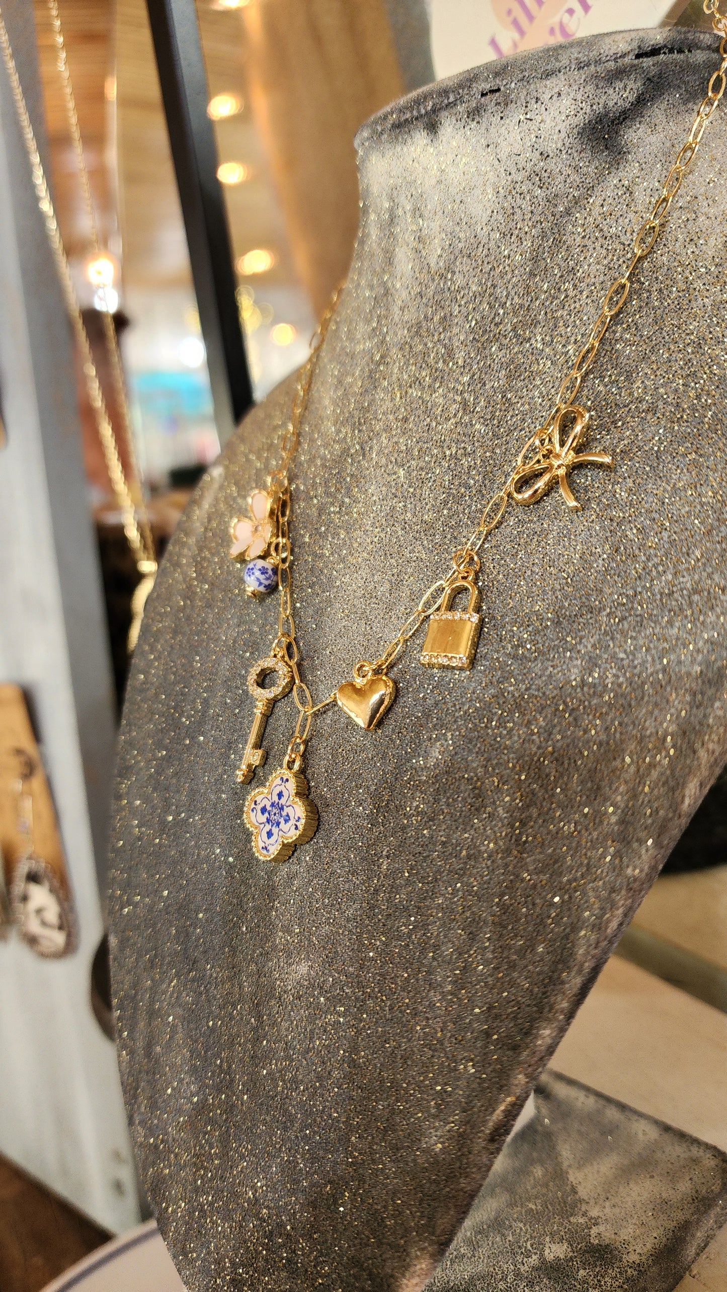 Gold Charm Necklace with Key, Heart & Floral Accents