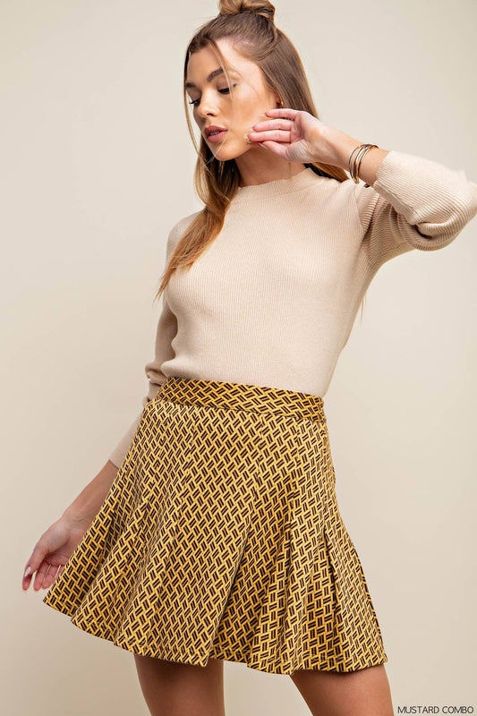 Mustard Knit Jacquard Pleated Mini Skirt