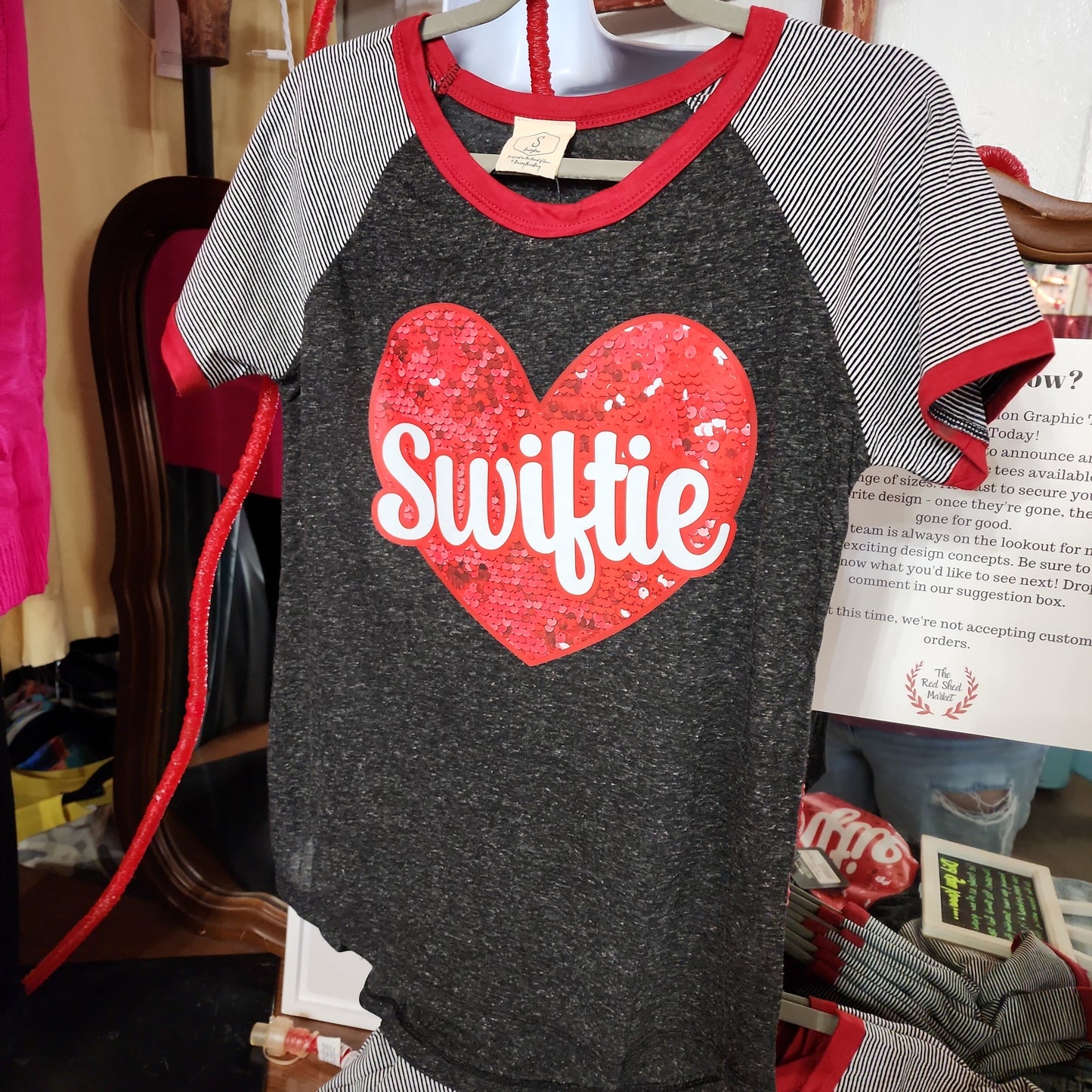 Swiftie Valentine's Tee with Red Trimmed Sleeves and Collar. Striped Sleeves.
