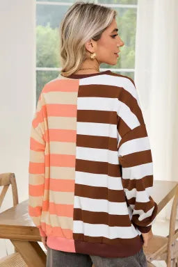 Brown Stripe Color Block Drop Shoulder Pullover