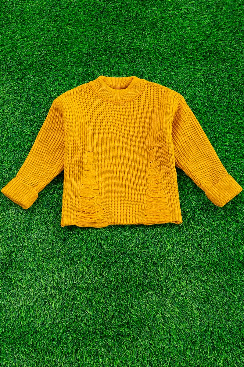 MUSTARD KNIT SWEATER W/DISTRESSED DETAIL