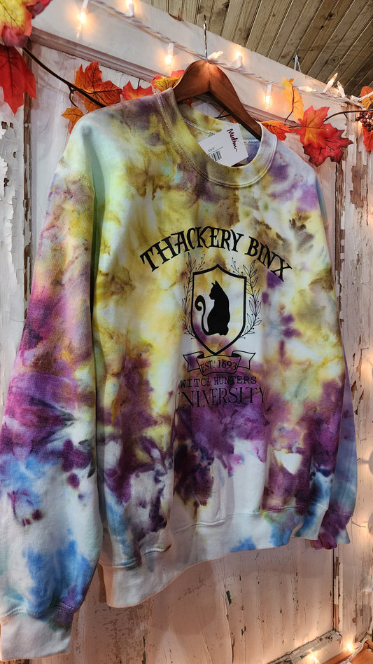 Sweatshirt tie dyed in blues, purple, yellow, and hints of lime green
