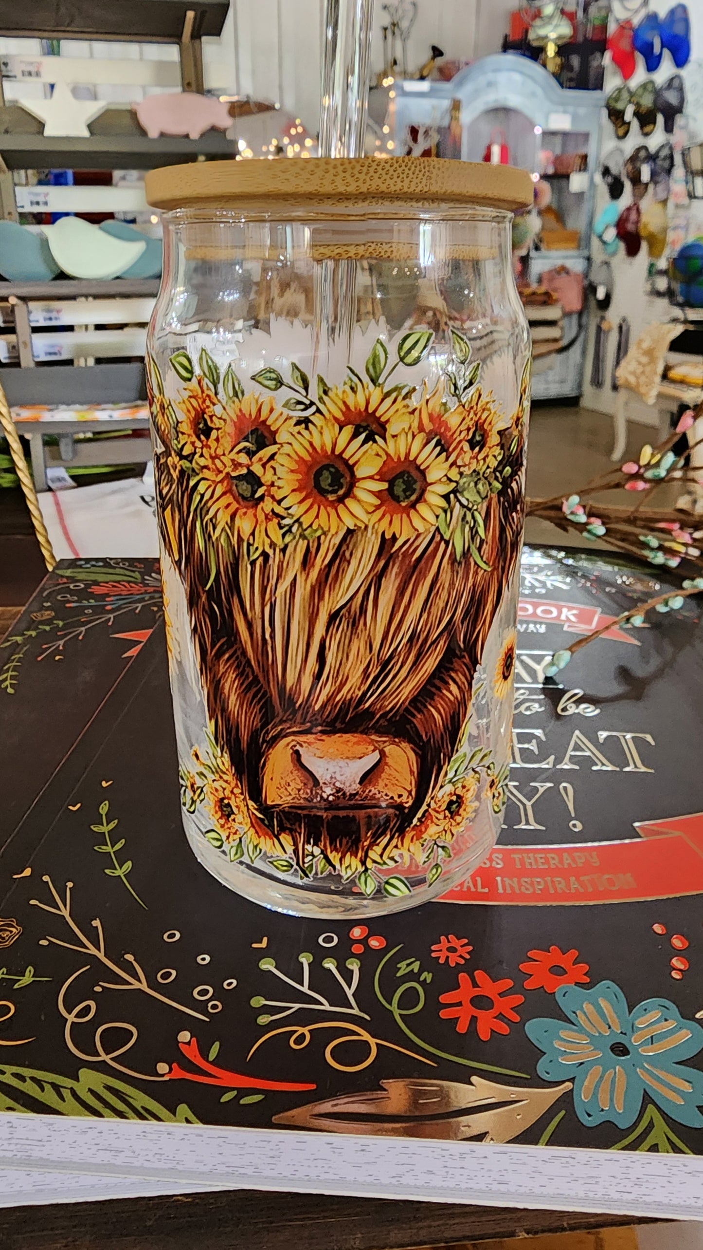 Highland Cow with Sunflowers 16OZ