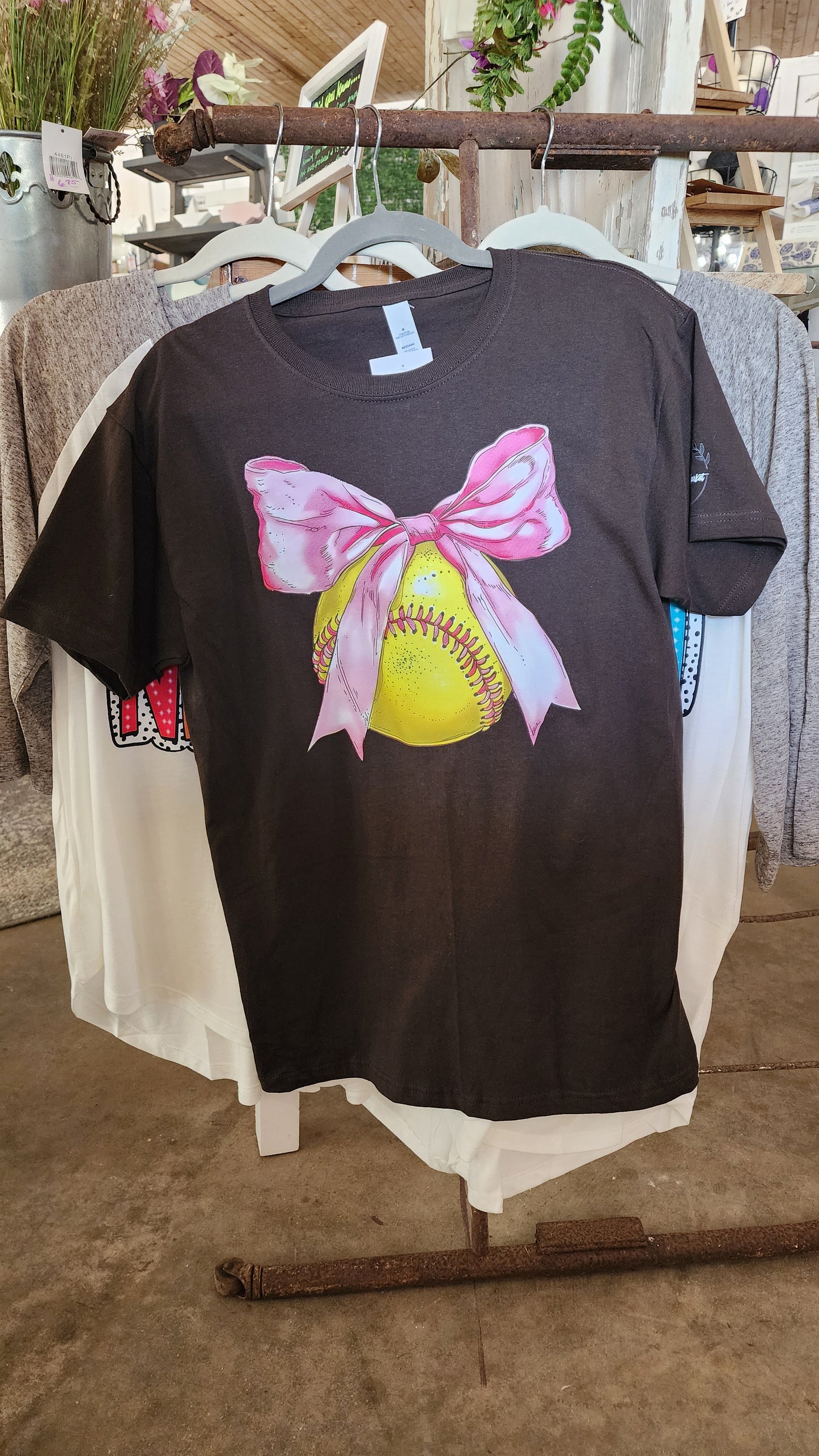 Softball with Big Pink Bow on Vintage Black Tee
