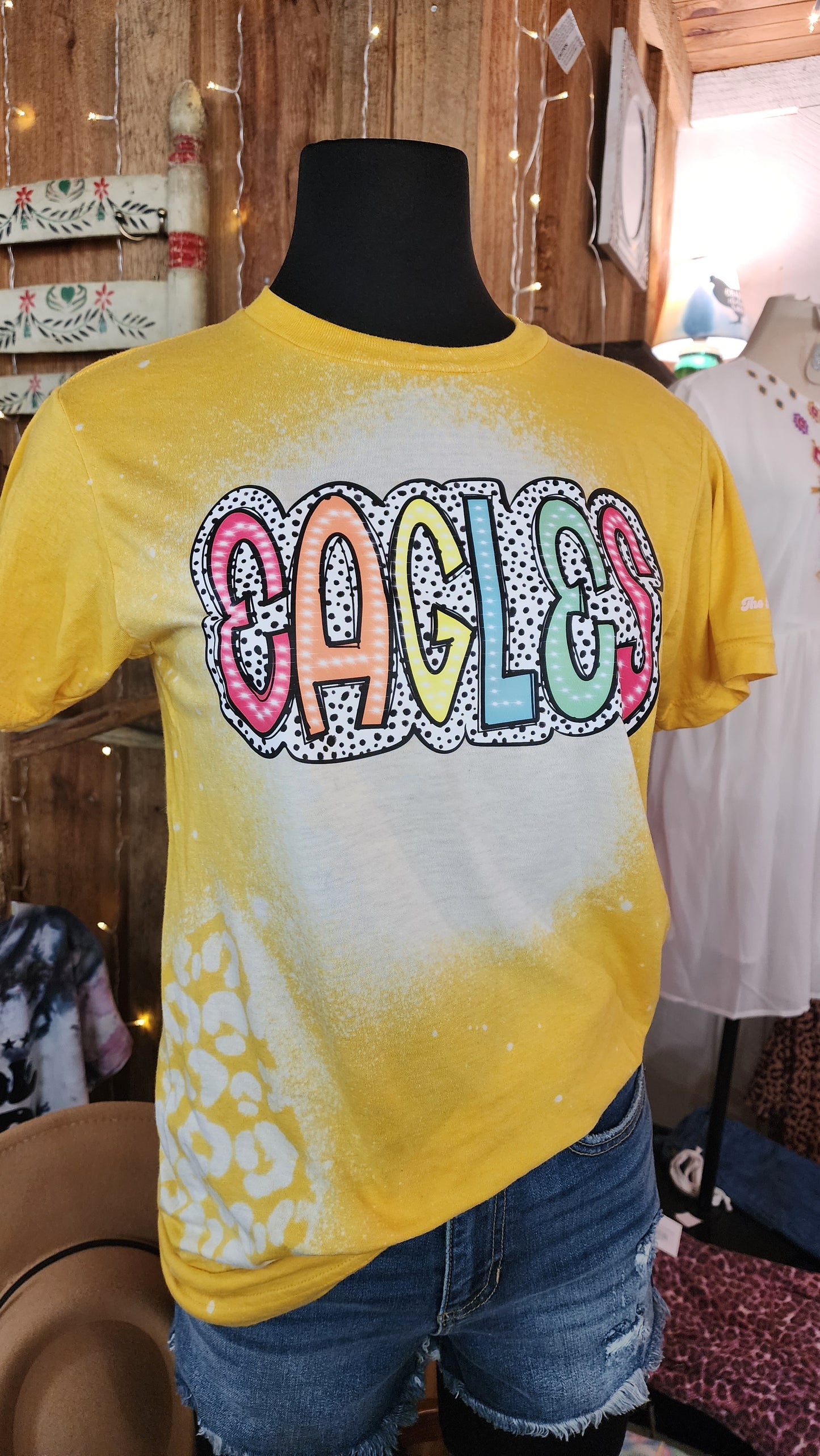 Colorful Eagles Design on Soft Yellow Tee with Custom Bleach