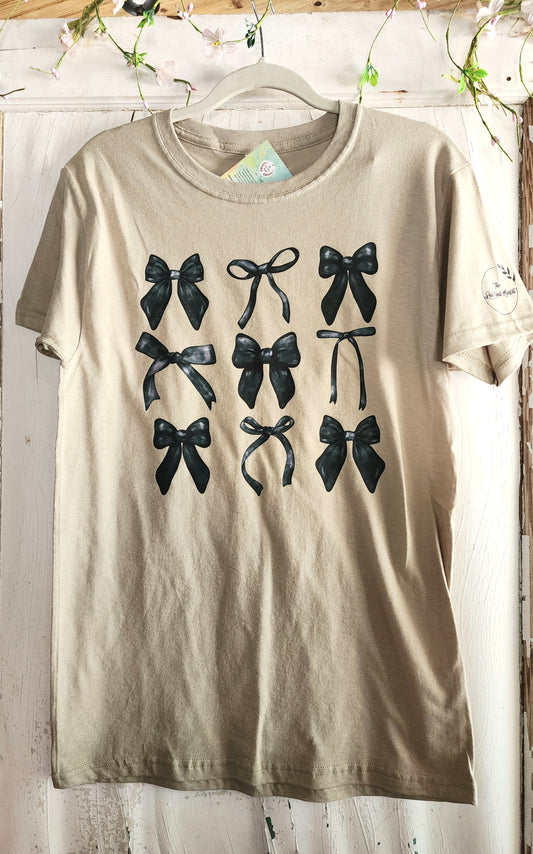 Croquet Bows In Black On Light Weight Tan Tee