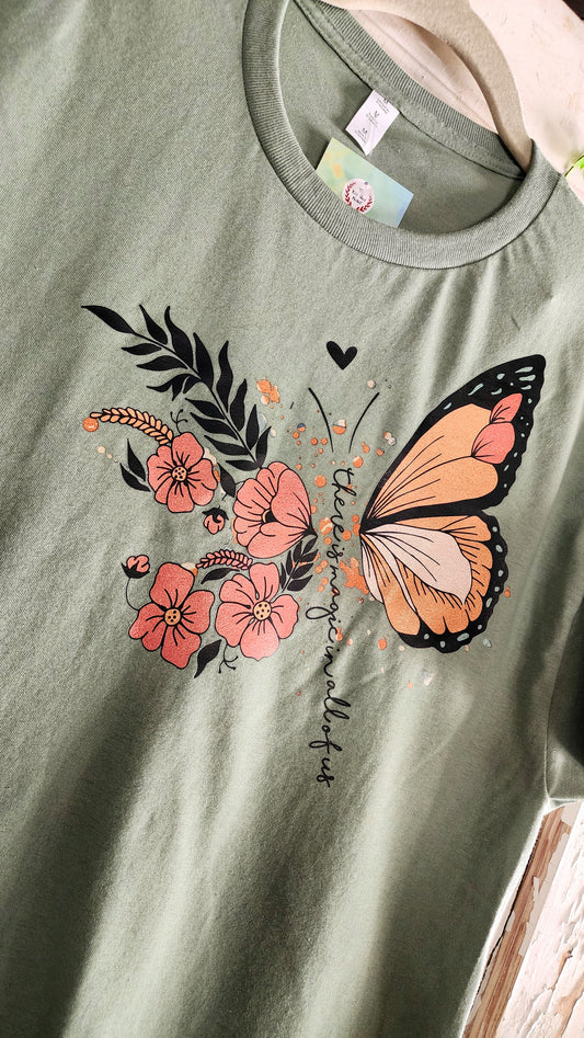 Butterfly Graphic On Sage Green Tee For Mental Awareness