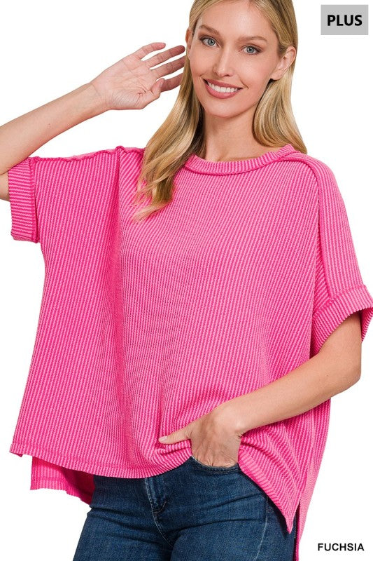 Plus Raised Rib Cuff Sleeve Raw Edge Top