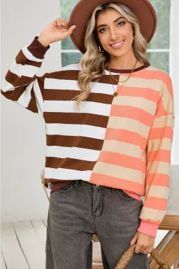 Brown Stripe Color Block Drop Shoulder Pullover