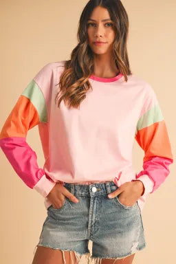 Pink Color Block Sleeve Loose Fit Top