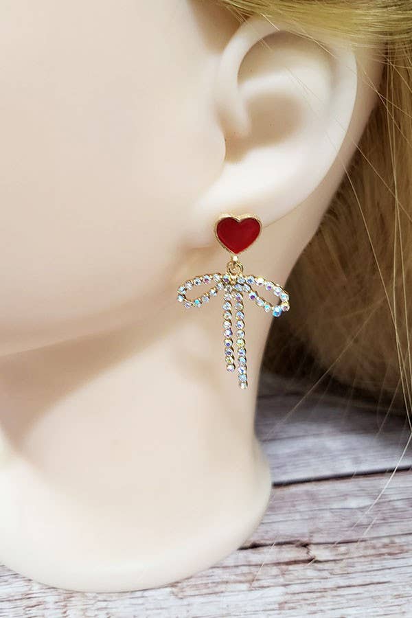 Heart Rhinestone Ribbon Dangle Earrings