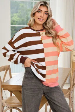 Brown Stripe Color Block Drop Shoulder Pullover