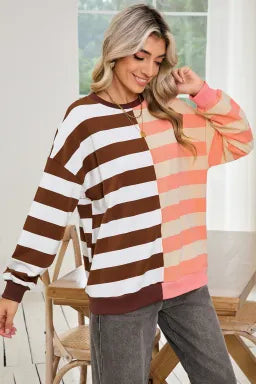 Brown Stripe Color Block Drop Shoulder Pullover