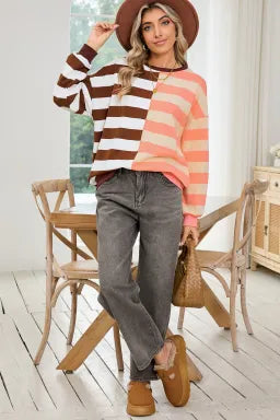 Brown Stripe Color Block Drop Shoulder Pullover