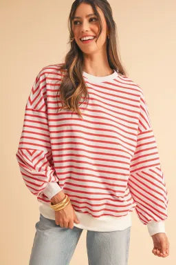 Orange Stripe Drop Shoulder Crew Neck Loose Long Sleeve