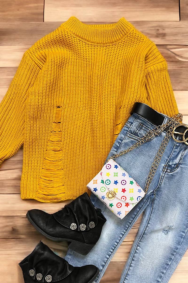 MUSTARD KNIT SWEATER W/DISTRESSED DETAIL