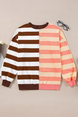 Brown Stripe Color Block Drop Shoulder Pullover