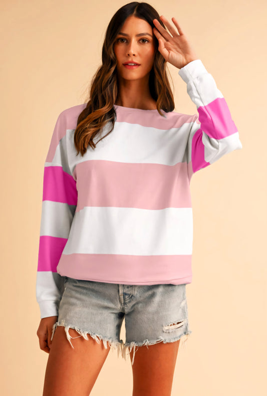 Pink Colorblock Striped Drop Sleeve Top