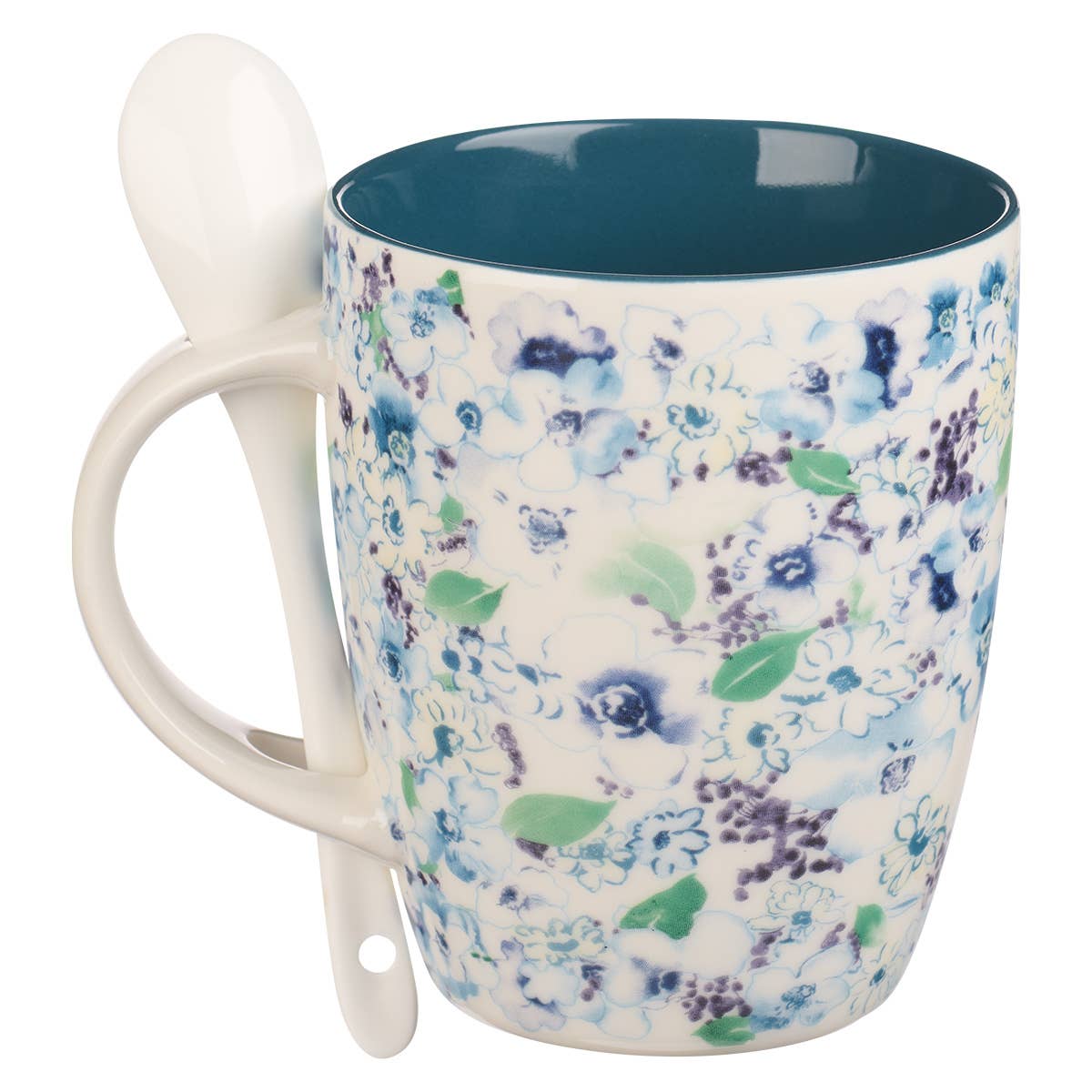 Saved by Grace Blue Floral Ceramic Coffee Mug with Spoon - E
