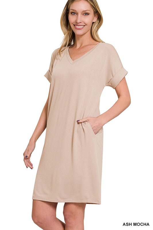 ROLLED SHORT SLEEVE V-NECK DRESS IN REGULAR AND PLUS