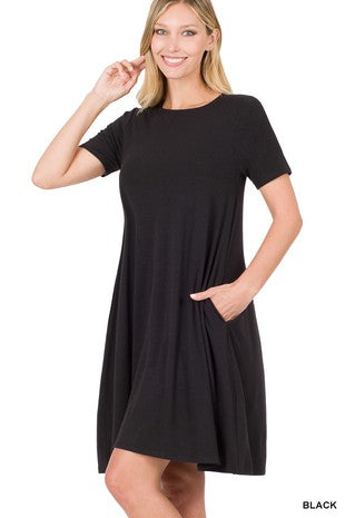 SHORT SLEEVE FLARED DRESS WITH SIDE POCKETS