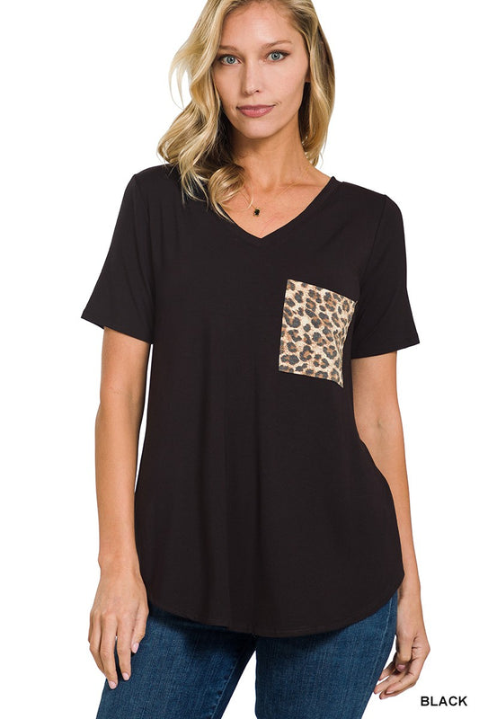 LUXE RAYON SHORT SLEEVE LEOPARD POCKET TOP