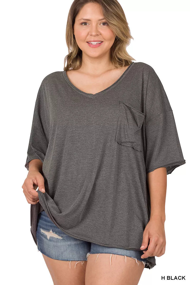 Cotton Oversized Front Pocket Raw Edge Boyfriend Tee