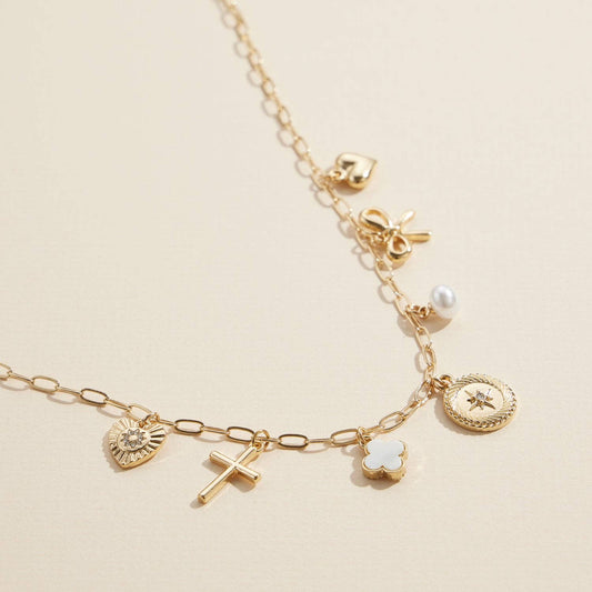 Charm Necklace with Heart, Cross, Compass & Bow Pendants