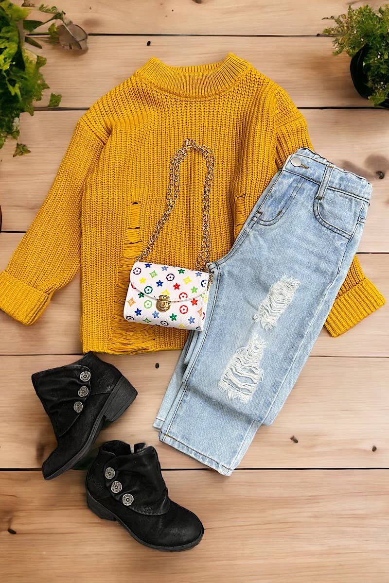 MUSTARD KNIT SWEATER W/DISTRESSED DETAIL