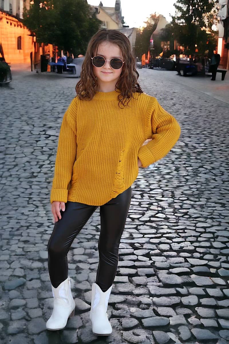 MUSTARD KNIT SWEATER W/DISTRESSED DETAIL