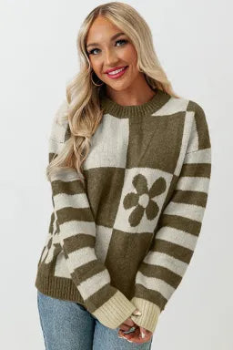 Flower Power Green Checkered and Striped Sweater