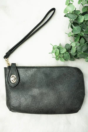 DARK GRAY FAUX LEATHER TWIST LOCK CROSSBODY CLUTCH WALLET