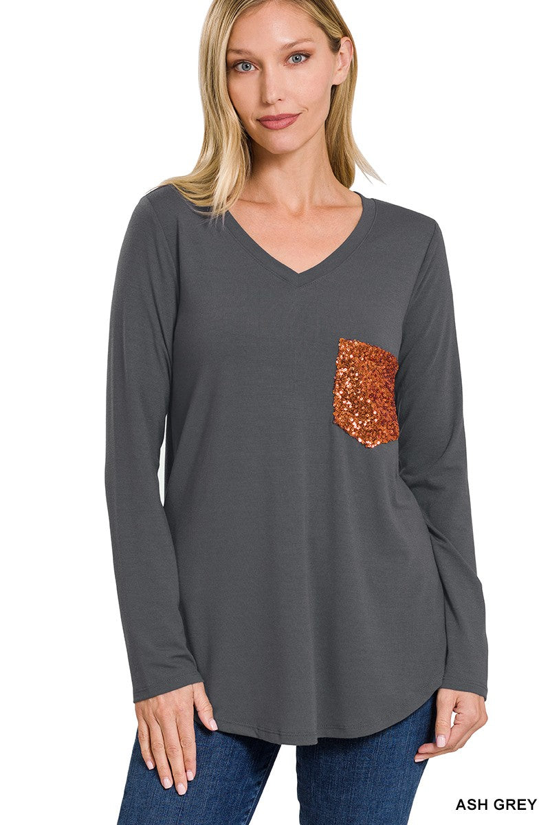 long Sleeve Top With Sequin Pocket