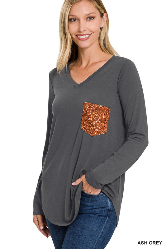 long Sleeve Top With Sequin Pocket