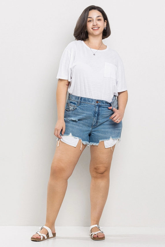 HIGH RISE PLUS SIZE  DENIM SHORTS WITH DISTRESSING, FRAYED HEM, AND VISIBLE POCKETS