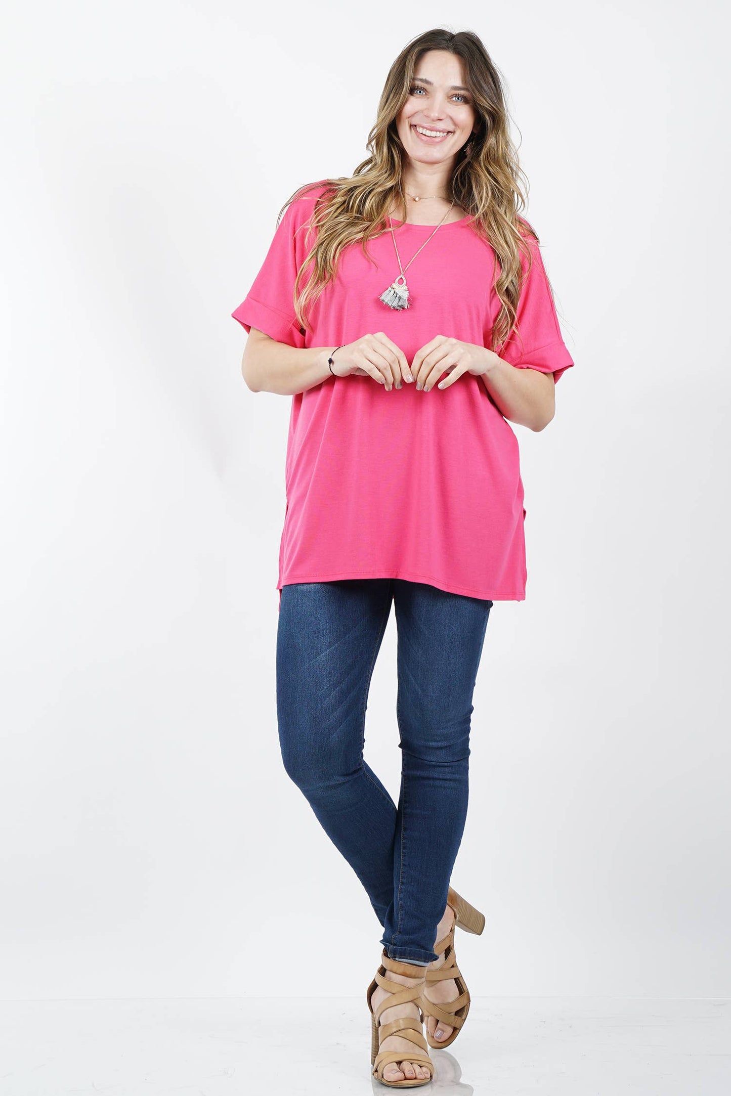PLUS SIZE ROUND NECK SIDE SLIT HIGH-LOW TUNIC