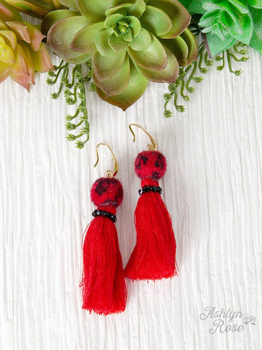 Leopard Pom Pom Tassel Earrings, Red