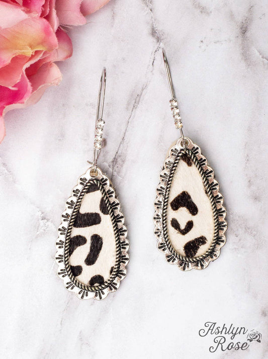 Making Memories White Leopard Teardrop Earrings with little diamonds