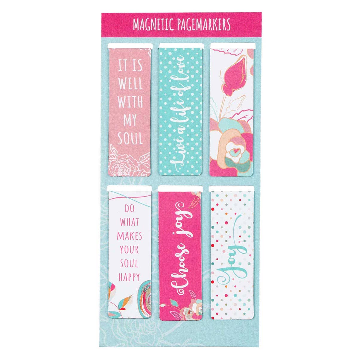 Featured is a pack of 6 magnetic book marks. They say, do what makes your soul happy, choose joy, joy. It is well with my soul. The last has multi volors in pink, mint, nude, and turquoise. 